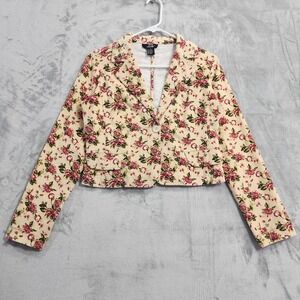 ME JANE Jacket Womens S Beige Pink Floral Corduroy Crop Blazer Casual Preppy